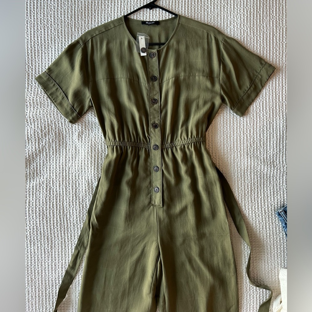 NWT XS Madewell Green Button Pant Jumpsuit Romper Plaid, Belted, Short Sleeve